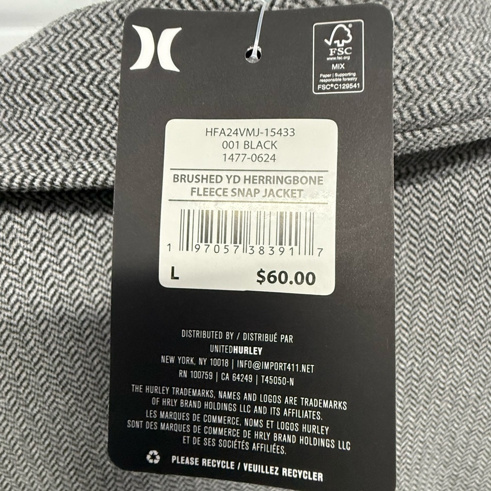 Hurley Men’s Brushed Herringbone Fleece Snap Jacket Gray Size Large NWT - Picture 9 of 12
